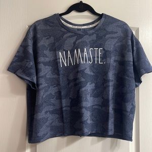 Rae Dunn Blue Namaste Camo Open Back Crop Top sz Large